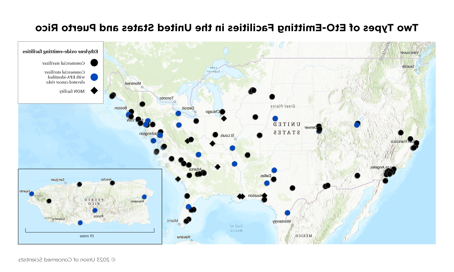 显示美国和波多黎各不同环氧乙烷排放设施位置的地图.